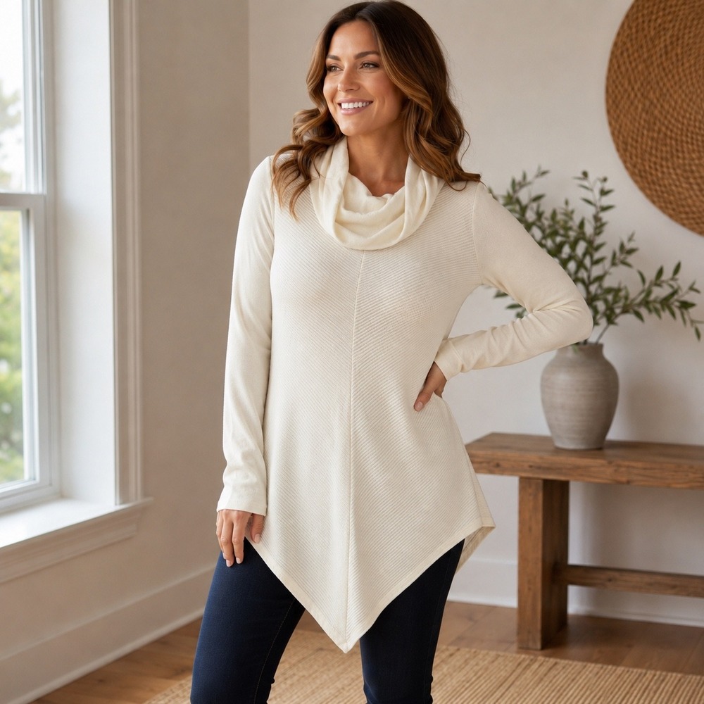 By & By Off White Cowl Neck Handkerchief Hem Ribbed Tunic Top XL NWT